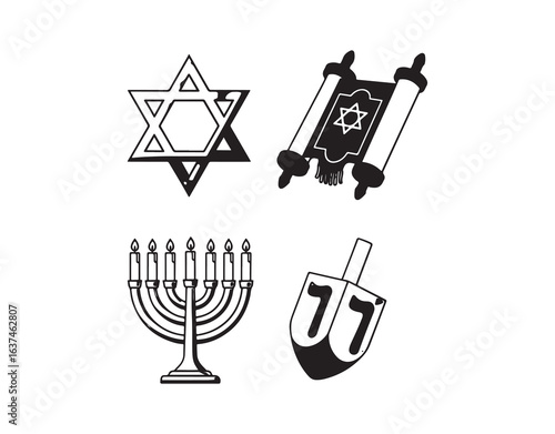 Star of David, Torah, menorah, and dreidel icon collection set against a white backdrop