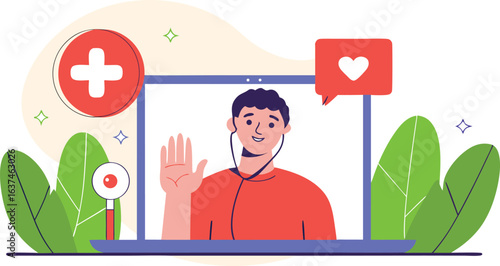 Telemedicine consultation doctor conducting a virtual health checkup on a laptop screen with online medical support illustrated concept