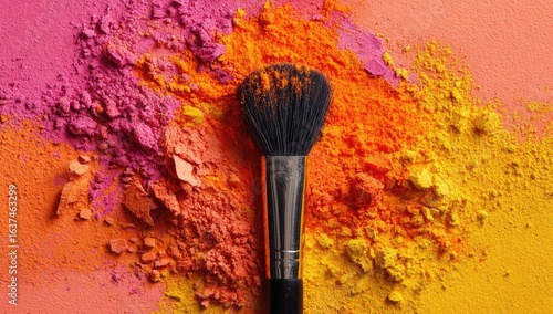 Makeup brush amidst vibrant, scattered powder