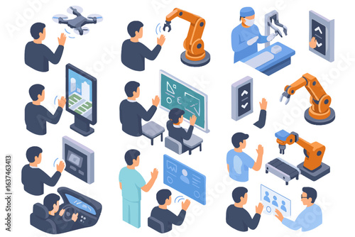 Vector smart icons robotic commands contactless interface future gesture exhibit factory icon