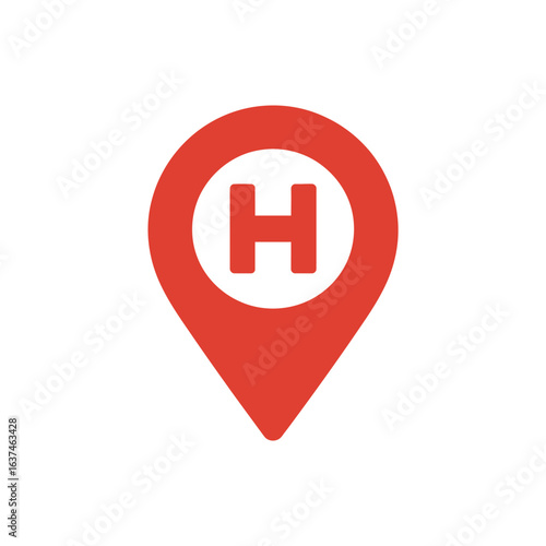 Red map pin with white h for hospital location
