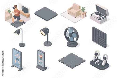 Fan vr lighting vector cooling panel soundproof room icon compact fitness storage