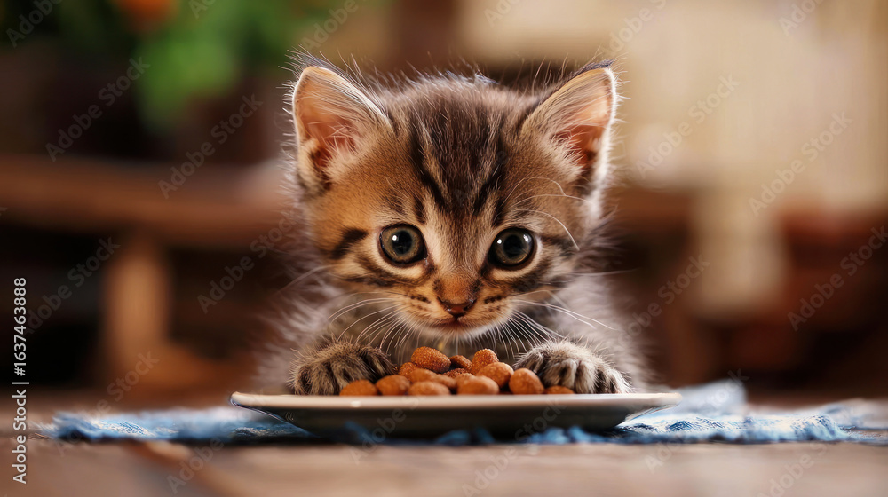 A curious kitten with brown and gray fur, staring intently at a plate of food on a wooden table with a blue cloth. A curious kitten with brown and gray fur, staring intently at a plate of food on a wooden table with a blue cloth.