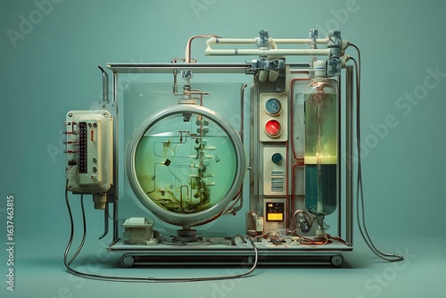 A vintage, steampunk-style laboratory apparatus with a fish tank and various gauges and pipes, suggesting a scientific experiment.