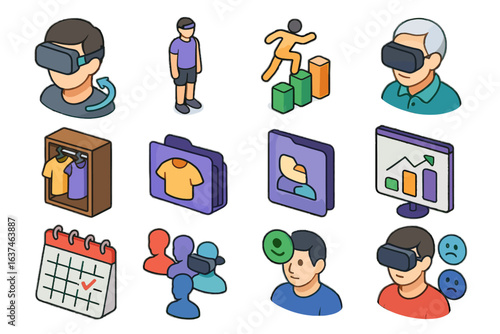 Virtual vector calendar progress fitness figure profile selection icons group icon headset