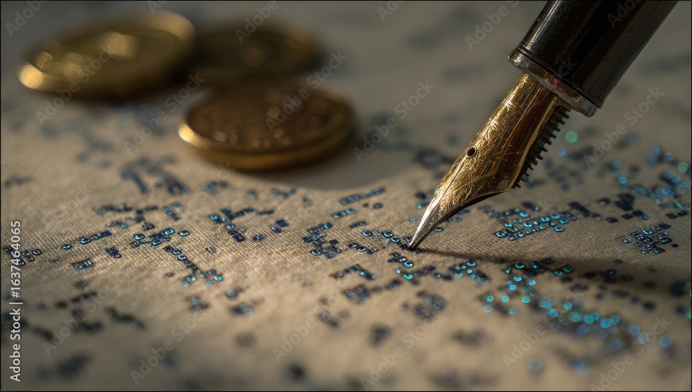 Fototapeta premium Vintage letter, fountain pen, and coins