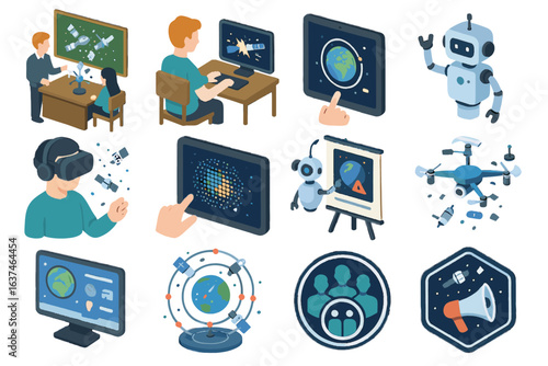 Icon debris educational vector poster space drone awareness orbit junk layers vr