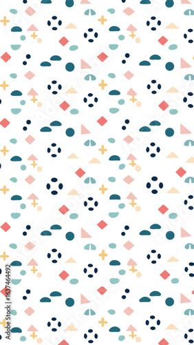 Geometric Delight: A playful, colorful pattern featuring an array of simple shapes, arranged in an abstract design. Perfectly suited for textiles, digital backgrounds, and creative projects.