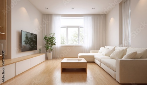 Bright  minimalist living room with light wood floors and furniture