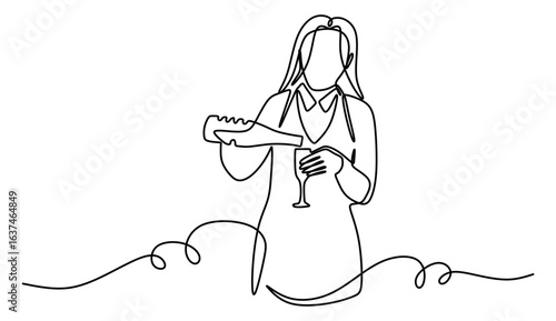 continuous line art of a woman working as a waitress in a bar pouring a bottle of wine into a glass