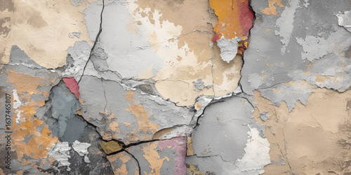 A textured abstract painting with soft layers of beige, gray, and pink hues, resembling cracked earth or weathered stone.