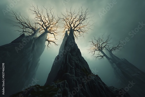Gloomy bare trees atop misty mountain peaks create a dramatic and eerie landscape.