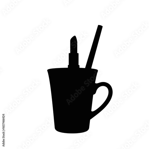 Silhouette of lipstick-stained cup with straw, beauty concept