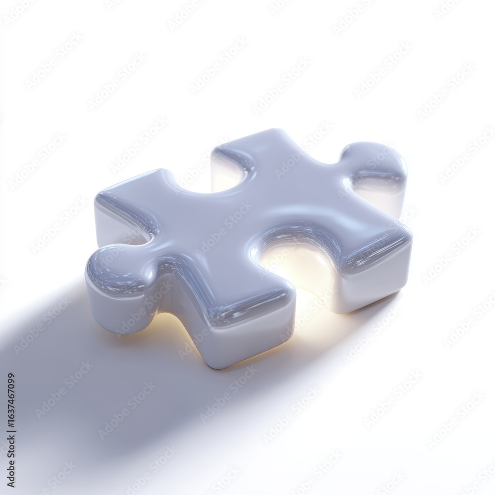 Fototapeta premium A single, white abstract puzzle piece, with a glow, isolated on a pure white background. Key, solution.