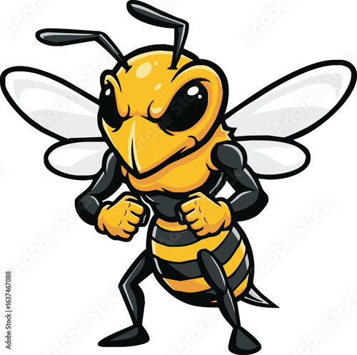 A powerful cartoon bee character with clenched fists and an angry expression, ready for action.