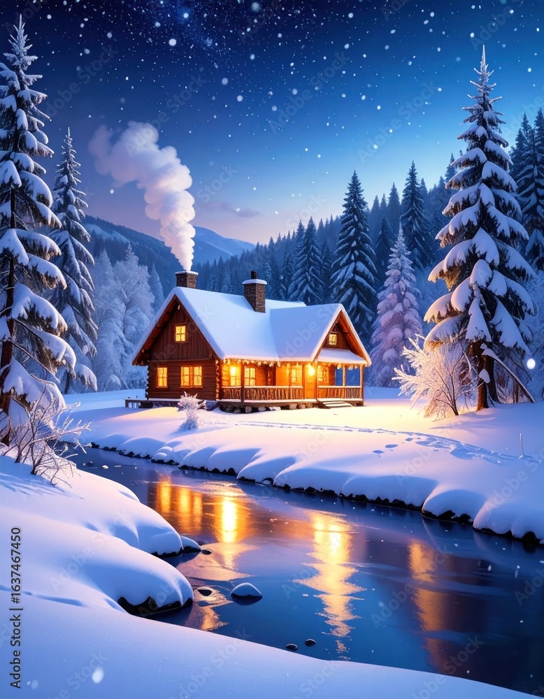 Naklejka premium Snowy winter cabin by a river (1)