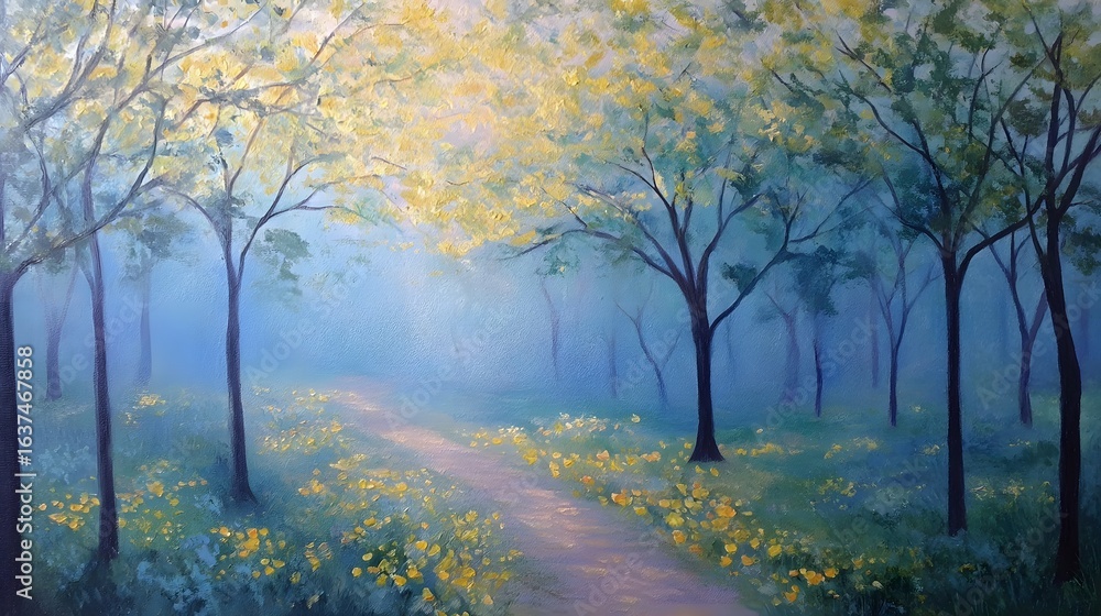 Fototapeta premium A serene path through a misty forest.