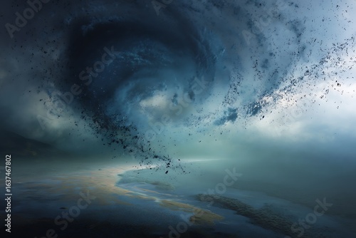 A powerful dark tornado swirls over a coastal landscape, a scene of impending doom and environmental disaster.