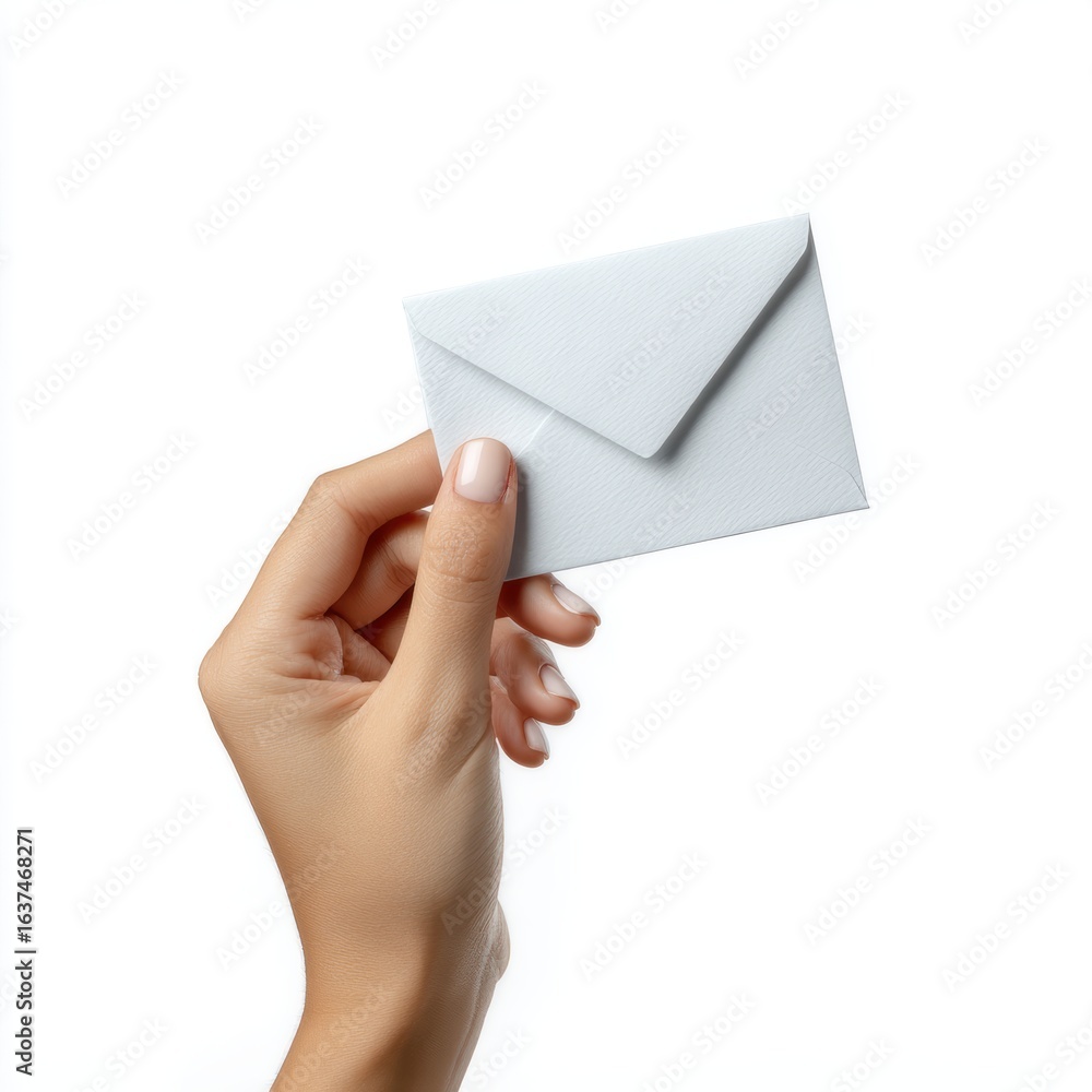 Fototapeta premium A hand holding a small, generic white envelope, isolated on a white background. Mail, communication.