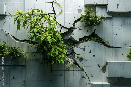 Nature's Resilience: Lush Greenery Growing Through a Cracked Concrete Wall