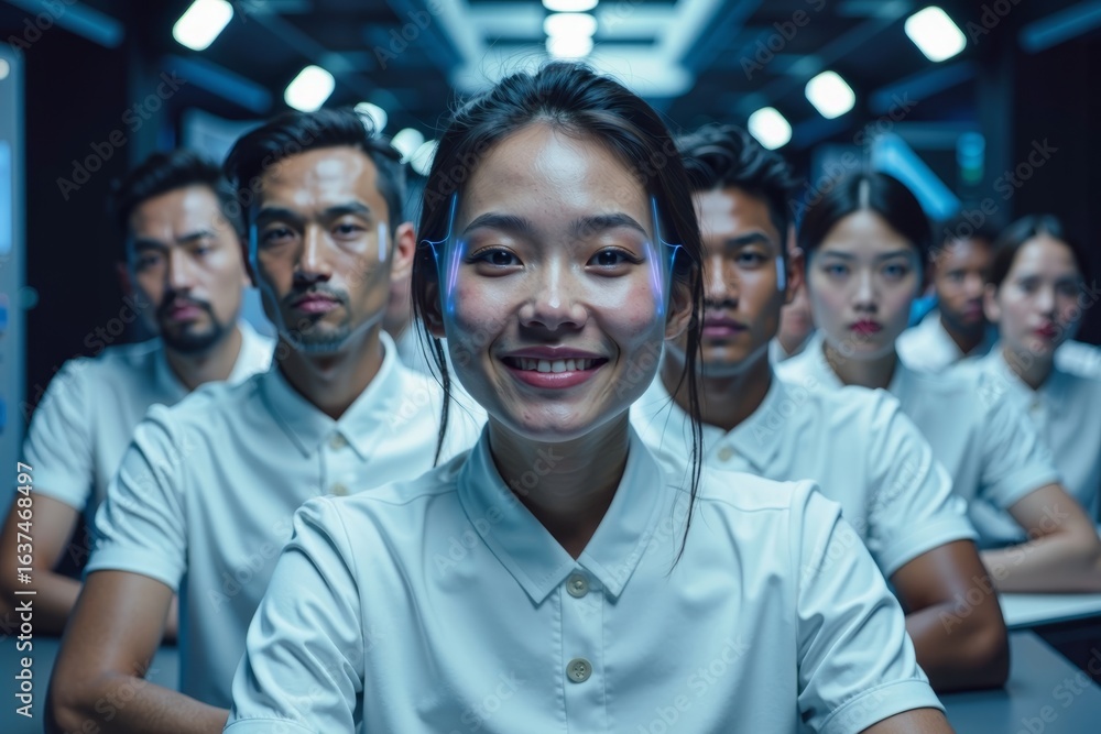 Fototapeta premium Futuristic holographic avatar photo shoot showcasing diversity in a virtual conference setting