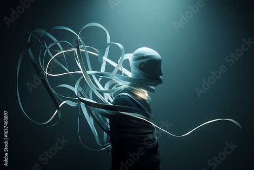 Mysterious Figure Bound by Flowing Ribbons in a Dark, Surreal Setting