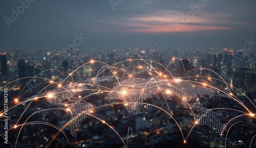 Global network overlaying a city at night