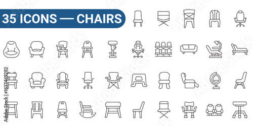 Thirty five chair icons with outline style, ideal for web design, interior design, furniture catalogs, and graphic design projects looking for simple line drawings. editable stroke 