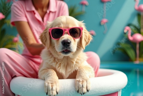 Wallpaper Mural Golden Retriever Pup in Pink Sunglasses Spoiled at a Fancy Spa with Flamingo Décor. Torontodigital.ca