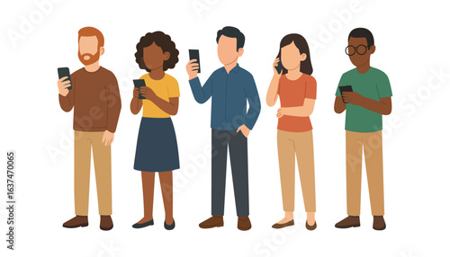 Flat vector group of diverse people holding and use mobile phones in various everyday situations. Men and women use their smartphones for texting, scrolling, surfing internet, chatting, calling.