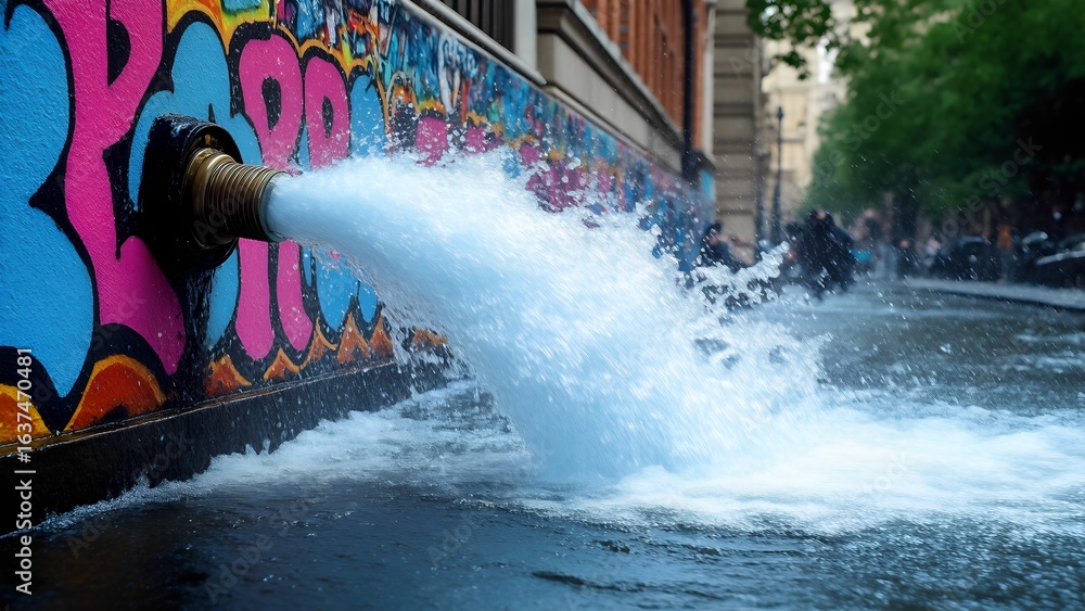 Naklejka premium Water flowing from a fire hydrant amidst colorful street art urban setting photograph cityscape ground level street art impact