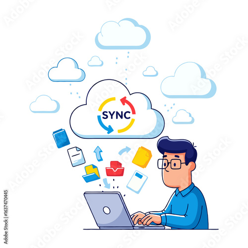 Man syncing data on laptop with clou