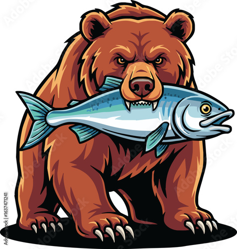 A fierce brown bear stands proudly, its powerful jaws firmly gripping a large, silver salmon, showcasing a successful hunt in its natural habitat.