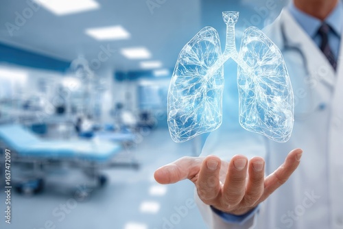 Doctor's hand holds a holographic image of lungs in a clinic