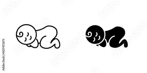 A minimalist icon of a sleeping baby peacefully curled up, shown in both line art and solid silhouette styles.