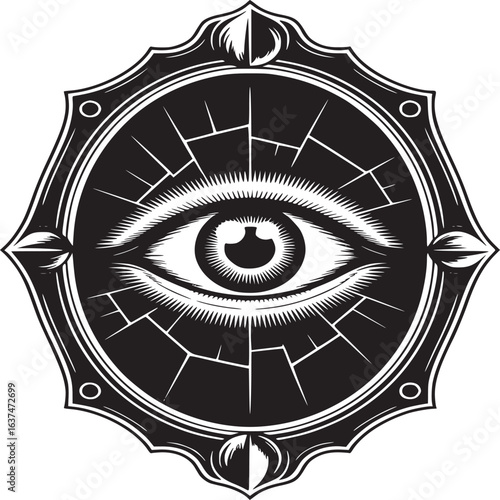 Ornate black and white eye symbol with cracked background inside a decorative frame illustration