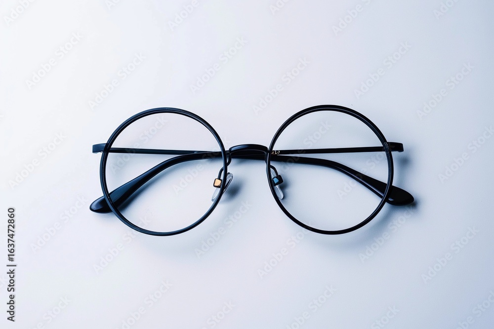 Stylish round glasses placed on a white background showcasing minimalist design and elegance perfect for fashion enthusiasts Stylish round glasses placed on a white background showcasing minimalist design and elegance perfect for fashion enthusiasts