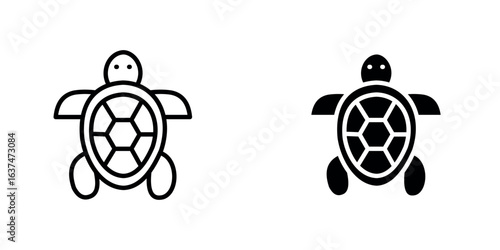 A minimalist icon of a turtle with a rounded shell and short legs, shown in both line art and solid silhouette styles.