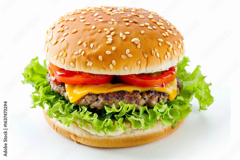 Juicy cheeseburger with fresh toppings served on a sesame seed bun Juicy cheeseburger with fresh toppings served on a sesame seed bun