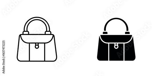 A minimalist icon of a woman’s purse with clean lines and a simple handle, shown in both line art and solid silhouette styles.