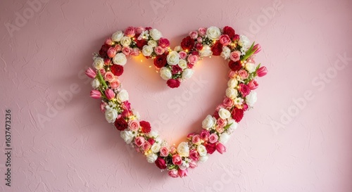 Heart shaped floral wreath with pink, red and white flowers