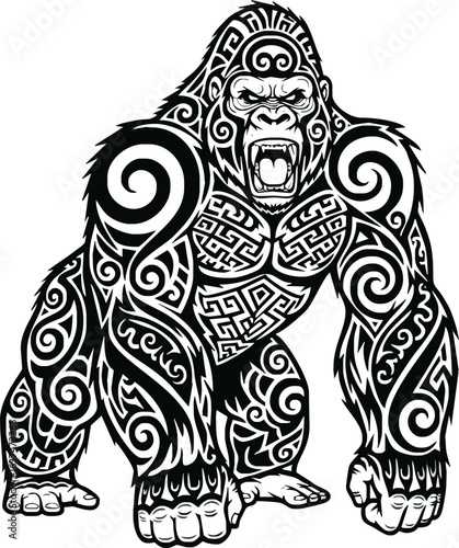 A powerful gorilla with tribal tattoos, roaring fiercely, showcasing strength and aggression.