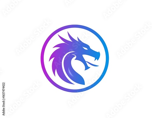 Stylized dragon head profile in a circle, gradient purple-blue hues