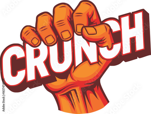 A powerful hand crushes the word "CRUNCH" in a graphic design.