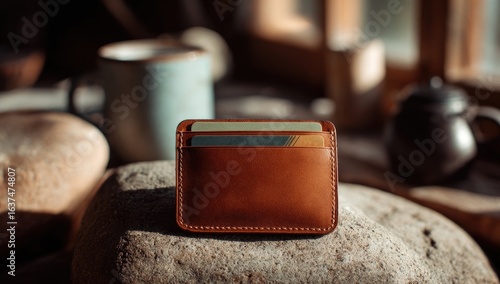 Tan leather card holder on rocks, blurred background