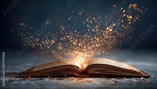 Open ancient book, golden sparks fly