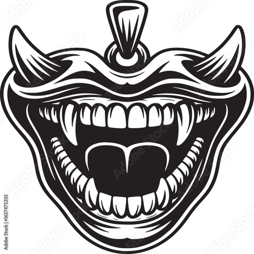 Detailed black and white illustration of a demonic mask pendant with sharp teeth and horns design