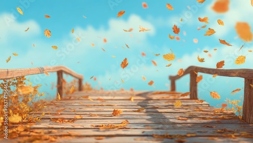Wooden bridge path in autumn, leaves fall