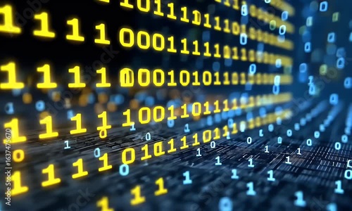 Abstract background with blue and yellow binary code, light rays, and a digital data stream on a dark backdrop. A digital technology concept with glowing dots 