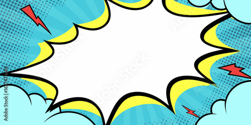 Comic book style speech bubble with lightning bolts and halftone dots